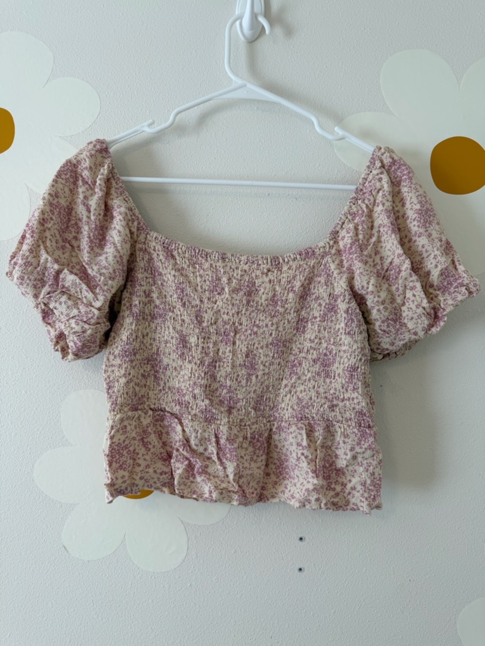 Bohme Cream and Pink Short Puff Sleeve Button Up Peplum Crop Top Smocked Back - Picture 3 of 8